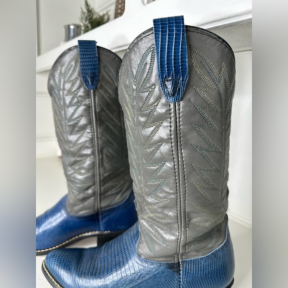 Vintage Acme Western Cowboy Boots – Blue Lizard Print Vamp & Gray Shaft Size 10 - Picture 2 of 10